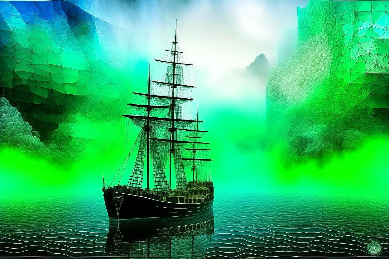 Sinking world, 3D, mist and smoke, black, turquoise (a little bit closer to the green) and white color, hard rain, and watercolor patchwork by Picasso and Caspar David Friedrich and Daniel Merriam digital painting award winning fantastic view high definition abstract surreal no watermark