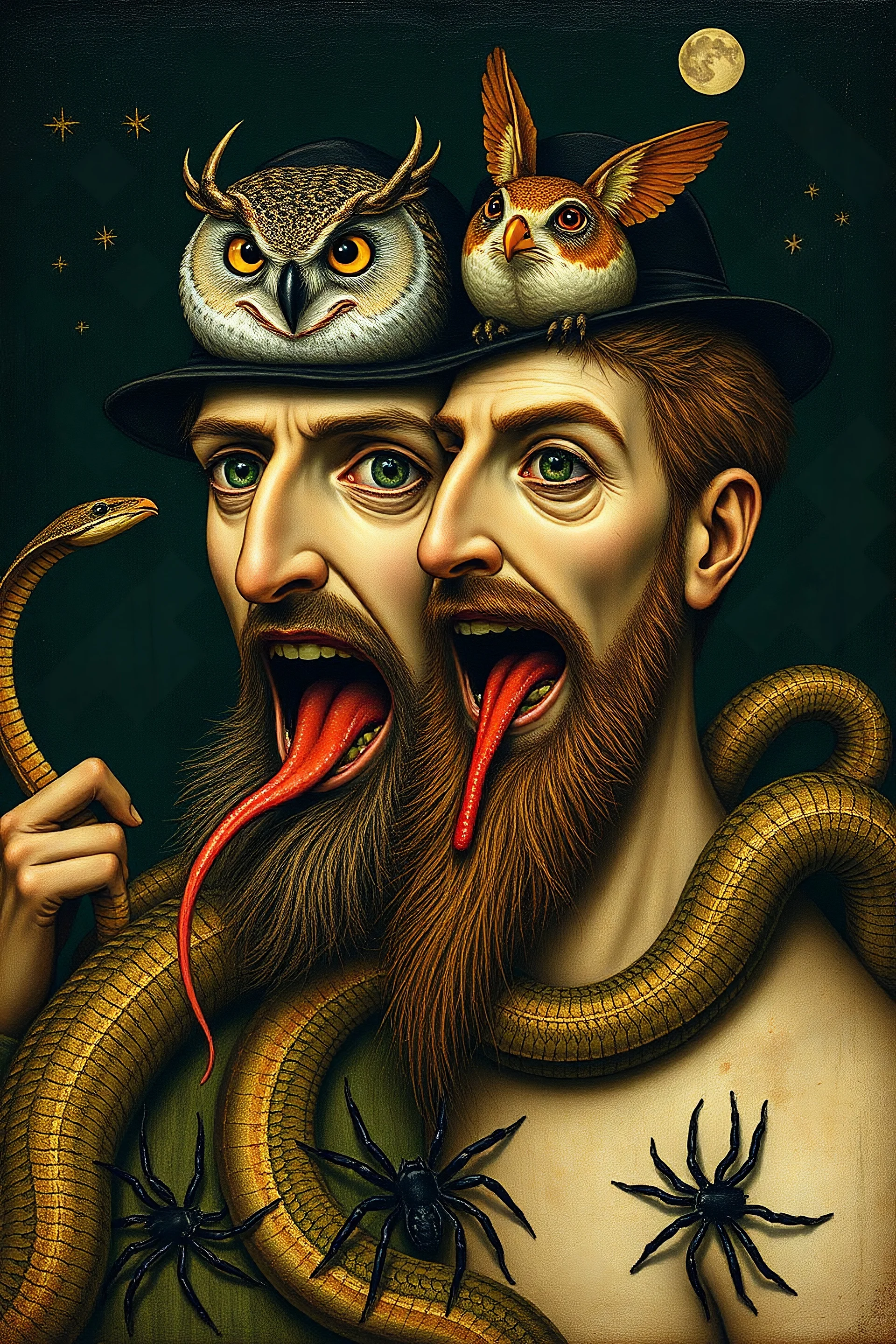 Hieronymus Bosch Style high quality picture in side people with snakes , men with perk mouths, owls, spiders