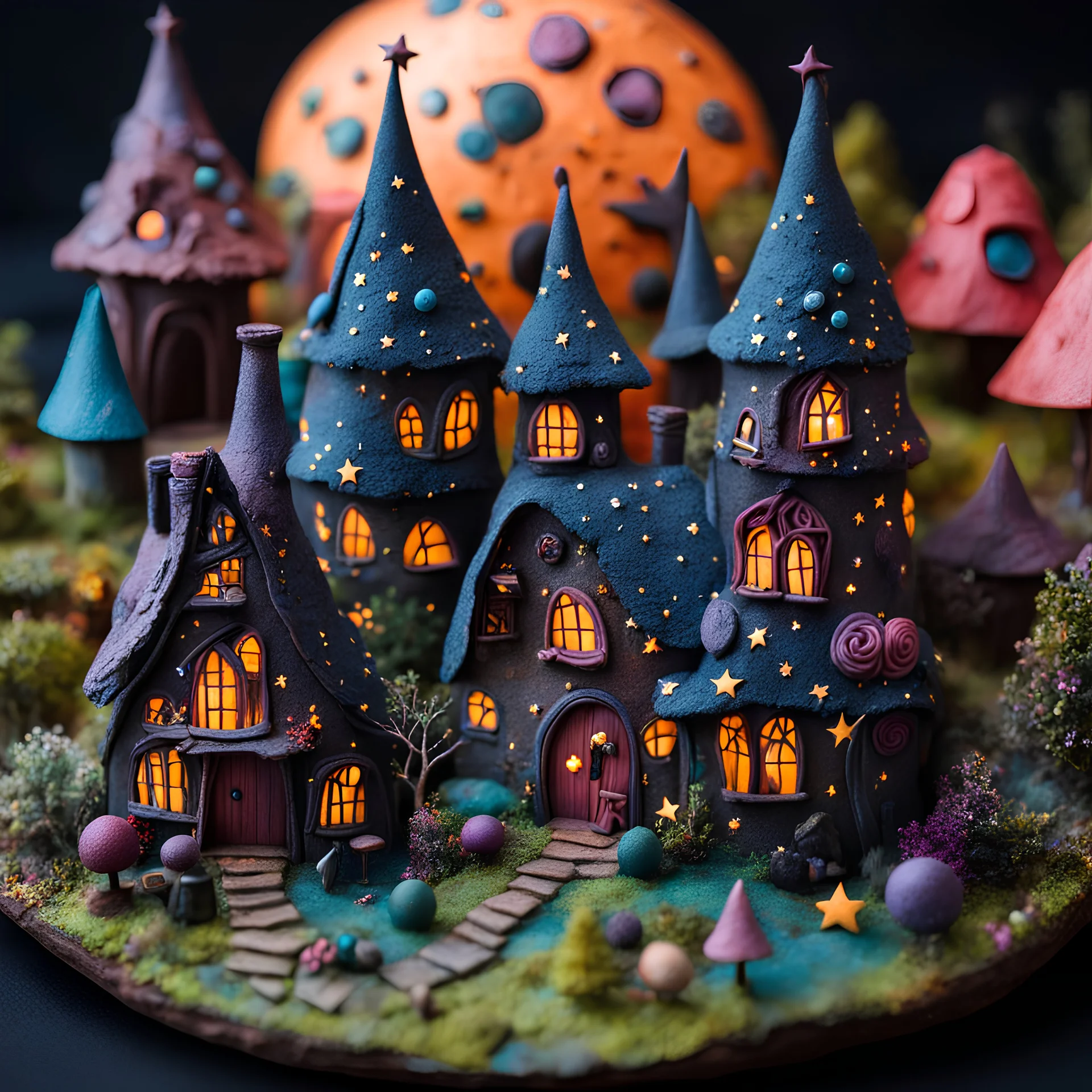 Detailed creepy cozy village made of modeling clay, fairy tale, people, stars and planets, naïve, Tim Burton, strong texture, extreme detail, Max Ernst, decal, rich moody colors, sparkles, bokeh