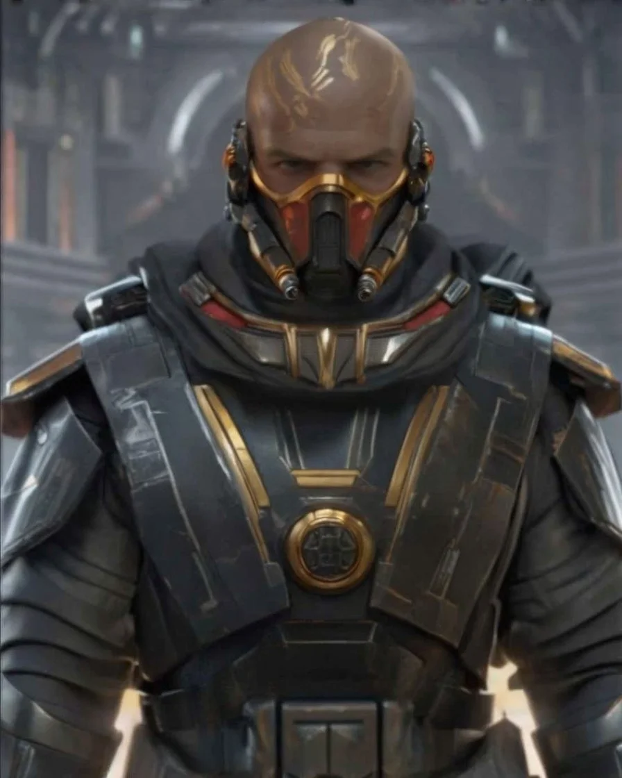 star wars bald male corellian pilot wearing pearlescent black and gunmetal grey First Order special forces heavy assault armor with gold and metallic red trim inside the jedi temple, centered portrait, hyperdetailed, dynamic lighting, hyperdetailed background, 8k resolution, volumetric lighting, light skin, fully symmetric details