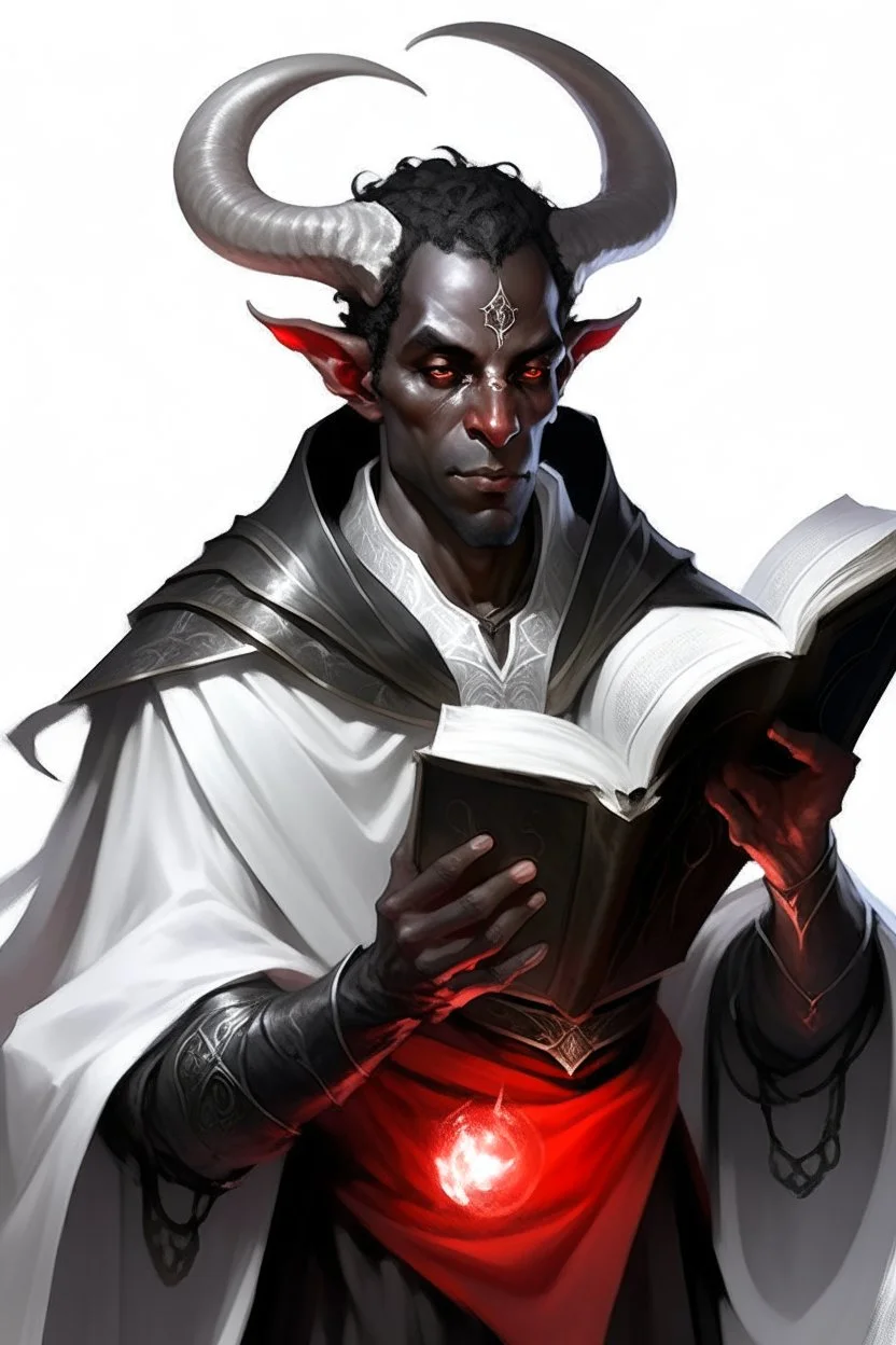 En Young male black skin black hair tiefling Wizard with large horns. a book with Arcane Magic floating in front of him. He's wearing silver and White Rope and a silver cloak. His horn a perfectly place on acet from the front to the back pointing upwards with glowing Red cat Eyes. His close is elegant get simple. Casting and ice spell