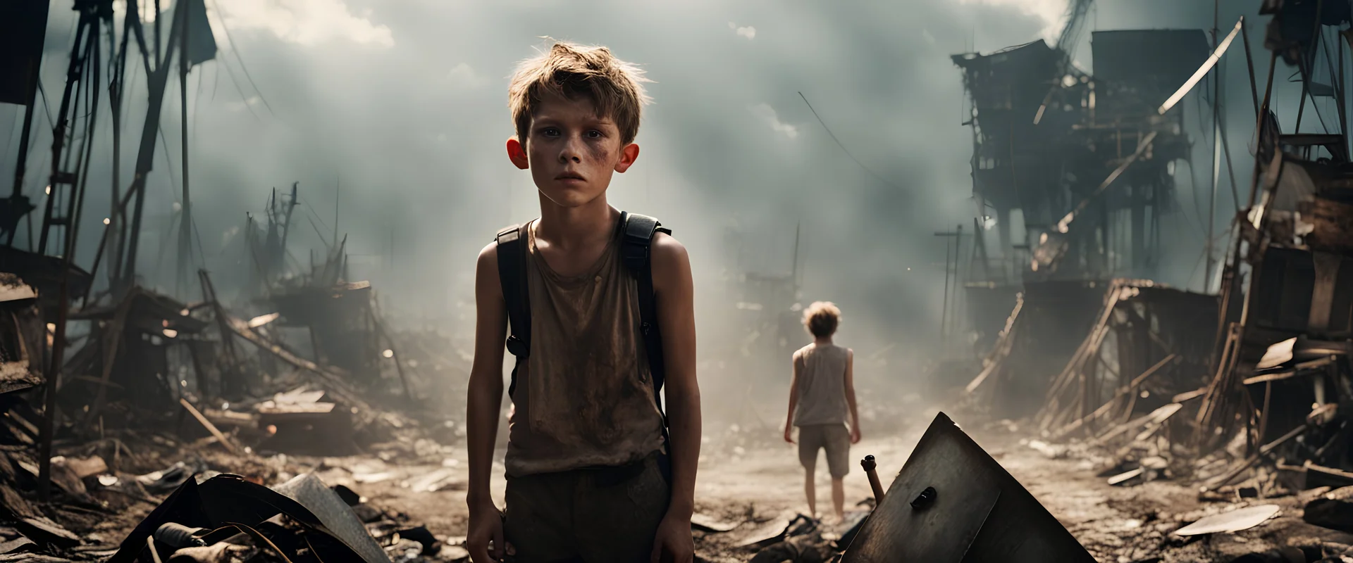 cinematic lighting, dramatic angle, a film still from a modern version of Lord of the Flies, performed by a boy, in a post-apocalyptic world