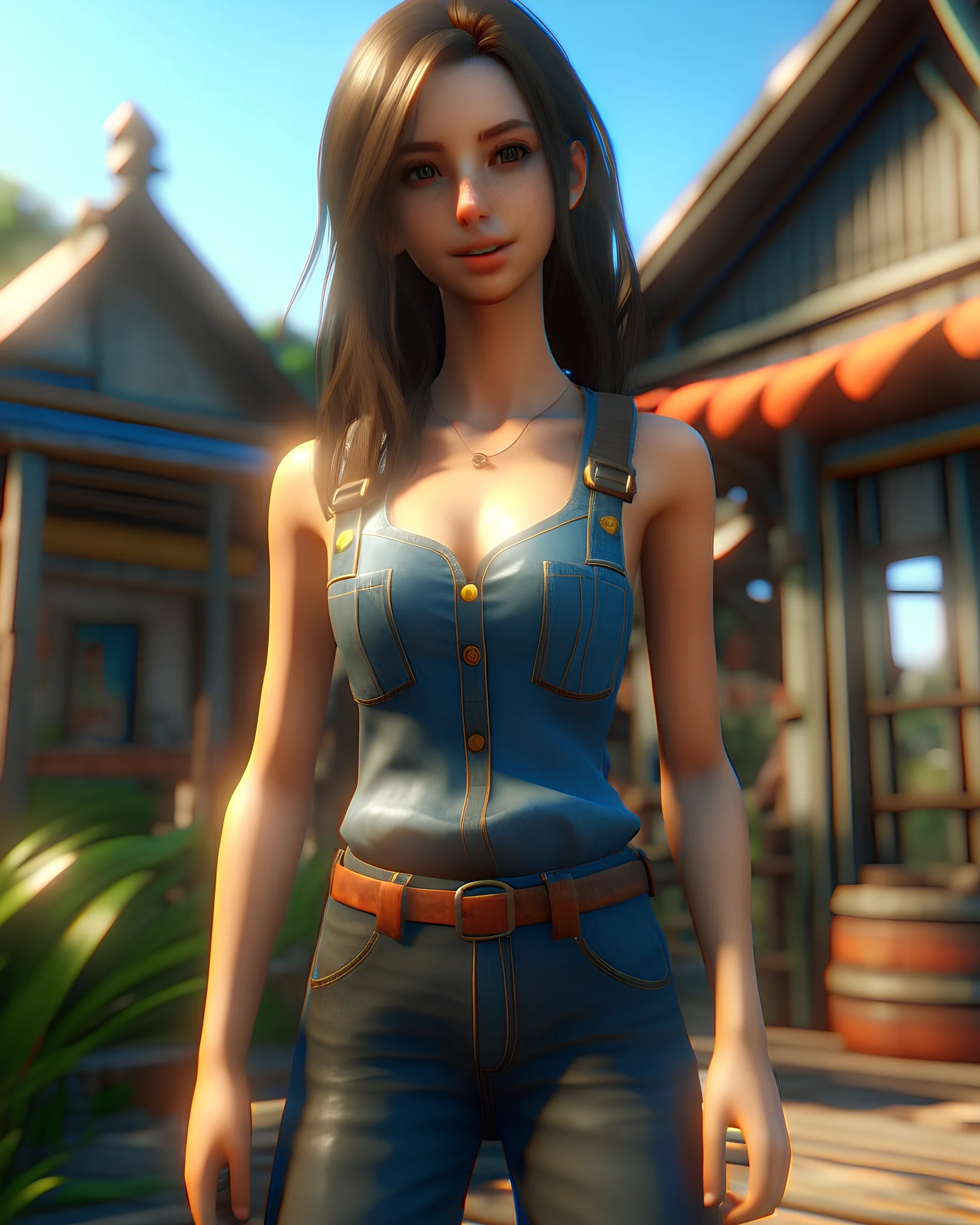 <lora: bikini + overalls: 0.8>, (realistic, realistic), 25-year-old 1girl, upper body, thighs, standing, (denim shot), (masterpiece, high quality, best quality), (colorful), (exquisite eyes and face), volumetric light, ray tracing, extremely detailed CG unified 8k wallpaper, solo, ((flying petals)), outdoor, cityscape, street, buildings, cars, blue sky, clouds,