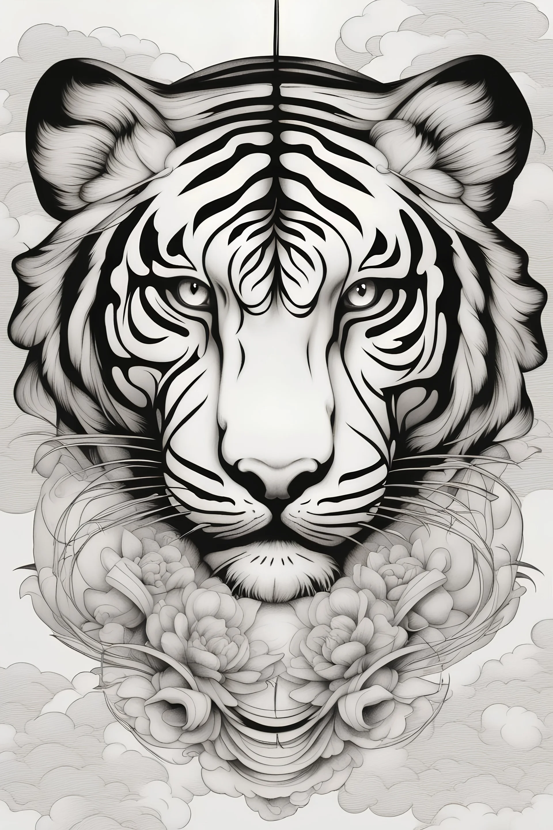 Create a captivating modern 2d black and blue ink tattoo design for print , prestigious Divine tiger on a magic cloud using the elegant influences of japan art style, for print, dynamic elements from fashion and design, and bold Japanese contemporary art aesthetics, framing centered in the center, distanced from the edges of the paper perimeter, perfect anatomy, bauhaus, Divine Proportion,