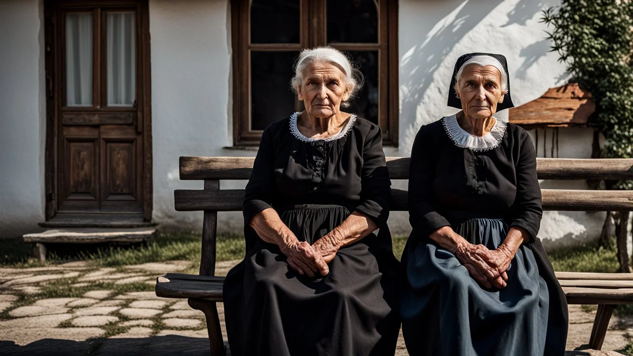 gloomy-looking old women sitting in black hungarian villager dress and wearing east european black head scharf on wooden bench in front of white old house outside in an authentic east european ,hungarian village, high detalied, professional photo, high qualit, high textures. The high-resolution image captures the essence of authenticity and realism, transporting the viewer to another time and place.