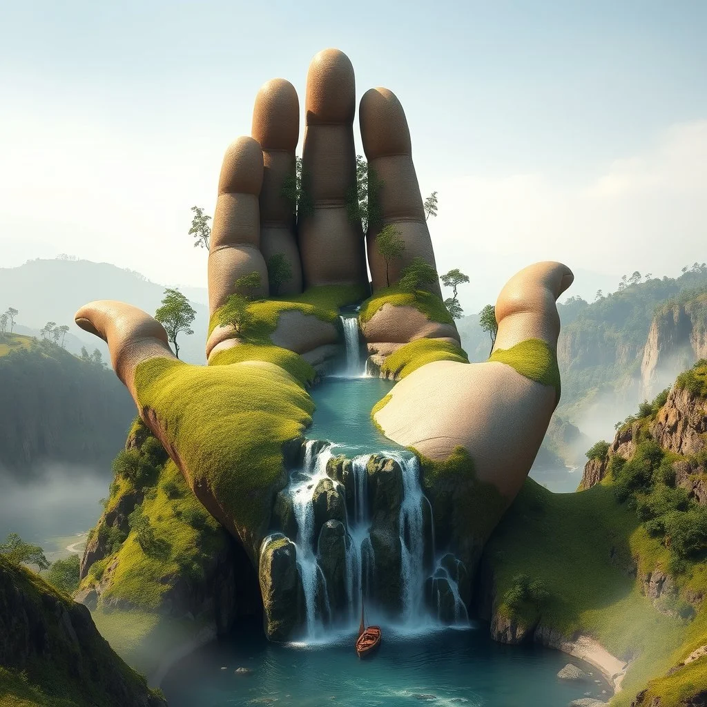 surreal, dreamlike landscape where a giant anatomical correct hand rises from the ground. The hand is detailed with lush grass and miniature trees on the surface. A crystal-clear river flows through the palm, cascading down in a waterfall at the edge of the hand. A small boat floats on the river below. Misty horizon. Amazingly detailed, colossal scale, ultra-realistic, photorealistic details, hyper-detailed, natural lighting, cinematic quality, sharp focus, real-world textures, high dynamic rang