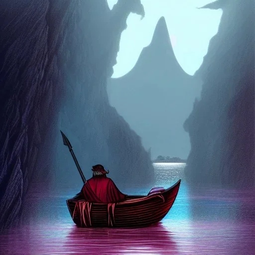 Charon the ferryman in his boat on the river Styx, red black purple colours, 8k, high definition, fantasy art, winding river, sharp jagged rocks, high contrast colours, sharp colours