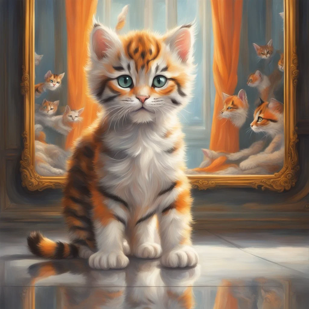 In a world full of fantasy, a little kitten stands in front of a mirror. In place of his own reflection, a majestic tiger appears. The little cat's eyes are wide in awe as she beholds the majesty of the tiger. Details like lush fur, bright orange stripes, and the tiger's intimidating gaze in the mirror create a sharp contrast to the kitten's delicate and innocent appearance Leica Q2 with Summilux 3 Photo