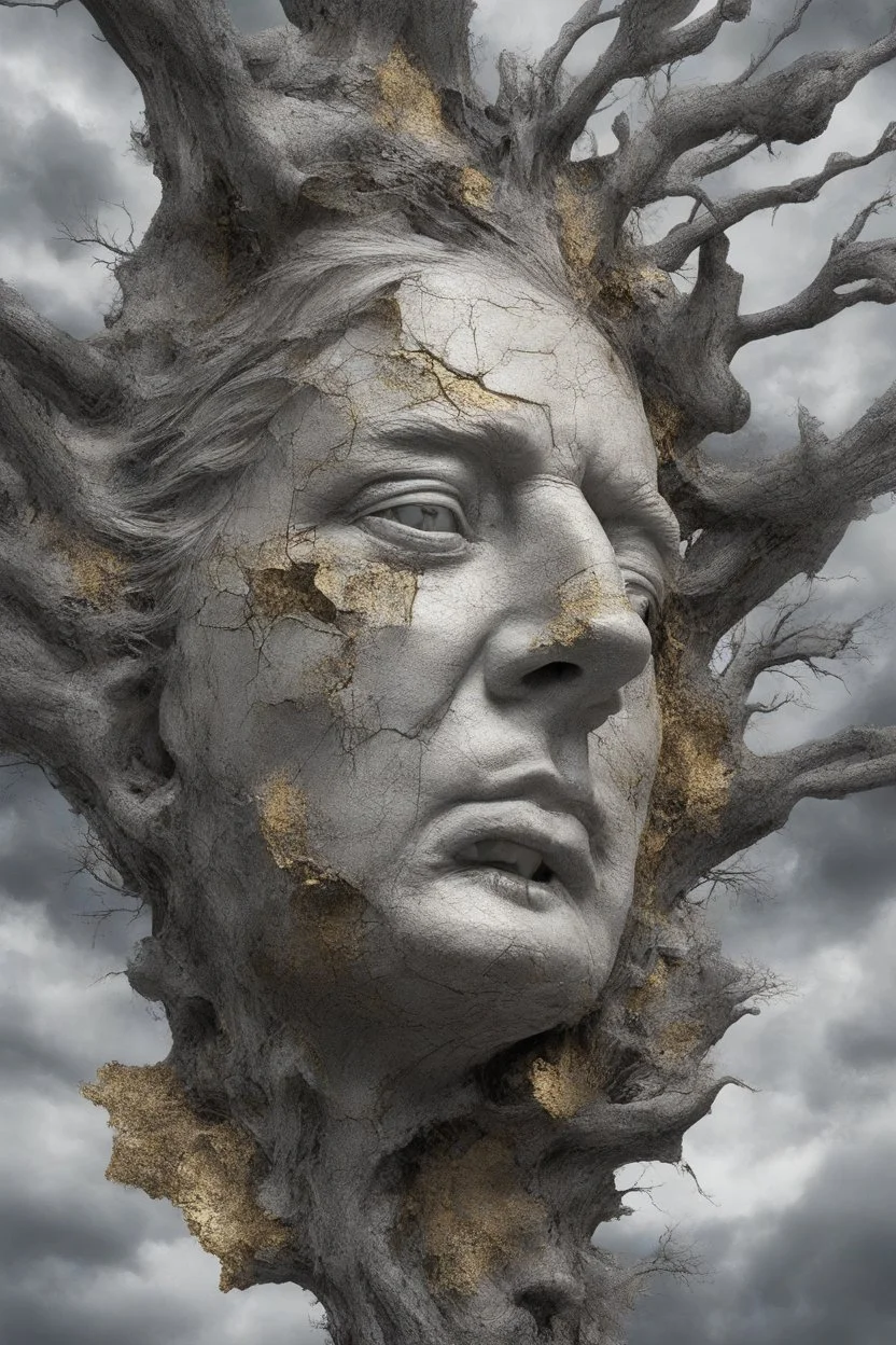 surrealis monochrome A fragmented, surreal sculpture liguid color of photorealistic image 3d,psychedelic art of trump glossy emerging from dreamlike a crumbling building. The face appears pale with deep cracks and intricate details, evoking a haunting expression. Blackened tree branches intertwine with the gold mengkilat cracks, set against a backdrop of stormy, cloud-filled skies. bauhaus art The overall tone is dark and moody, suggesting themes of decay and transformation. Include