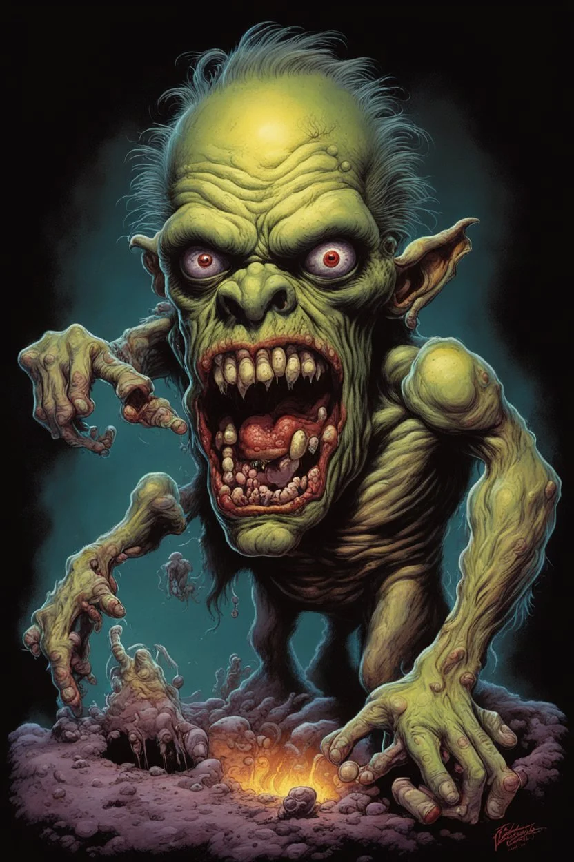 High_Quality_Art Digital Painting of Science experiment Horror Cronenberg Monster zombie creature by Richard Corben, Todd Schorr, T-Shirt Design, Black Background,