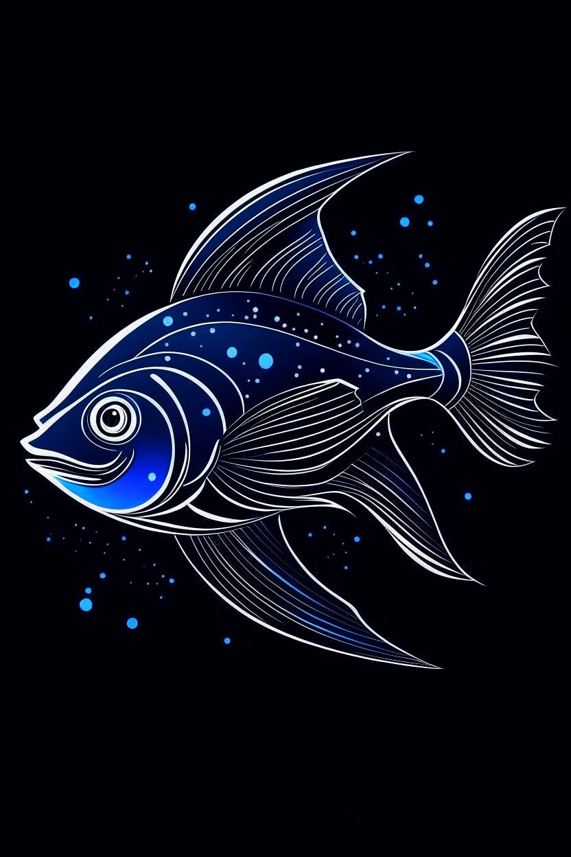 A sleek, silver fish with a single, neon fin, cruising through a starry night sky. Style: Art Deco, Mood: Mysterious and Glamorous, Lighting: Deep blue with neon highlights, T-shirt design graphic, vector, contour, white background.