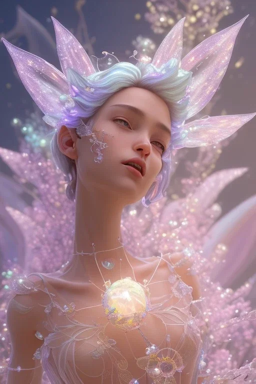 one big crystal subtle flower in a galactic ambiance with a beautiful fairy, transparent petals, delicate colors, in the foreground, full of details, smooth，soft light atmosphere, light effect，vaporwave colorful, concept art, smooth, extremely sharp detail, finely tuned detail, ultra high definition, 8 k, unreal engine 5, ultra sharp focus