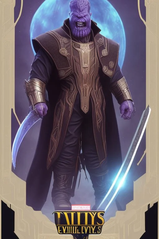 Thanos is the god of power and evil The commander wears a black cloak and a long coat with long combat boots and a long spear with a hat under his cloak with blue flame eyes, a sword like a spear The sun in the palm of a brave man in the middle of the desert