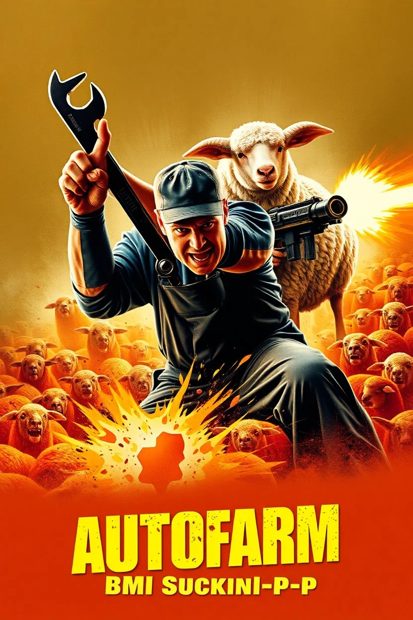 "Design a 90s-style action movie poster titled 'AUTOfarm.' Feature a heroic mechanic in the foreground, fiercely battling thousands of adversaries with a spanner. In the background, include a determined sheep wielding a machine gun. Capture the high-energy, gritty aesthetic of classic 90s action films, with intense and dynamic elements. Prominently display the subtitle ' BMI Suckin-p-p' in bold, impactful lettering."