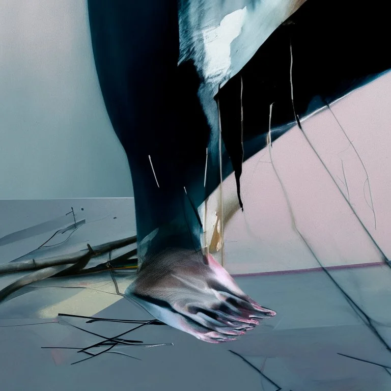 Minimal contemporary abstract oil painting, close up person limbs, concrete fragments, illuminated at dusk of Justin Mortimer And Francis bacon