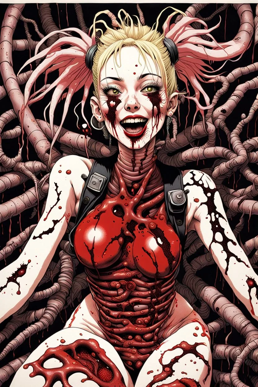 Tank girl, lying pose, his skin turned translucent revealing a network of black veins that extended like roots beneath her epidermis,smiling meanwhile many worms streaming from his mouth, face distorted with pain, screaming, latex suit, highly detailed, fullbody, splashes blood, behind guts rising from the ground, papercut illustration by <Junji Ito>, darkred tones,