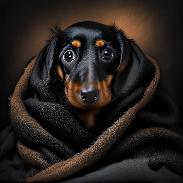 Disney style picture of a black and tan short hair dachshund puppy of 7 months. wrapped up in a blanket, more black than tan