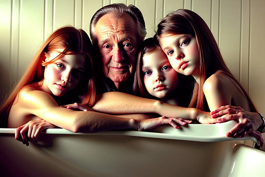 digital art of beautiful young auburn hair teenage girls with dad in the bedroom in a bathtub with grandpa hugging bare lips