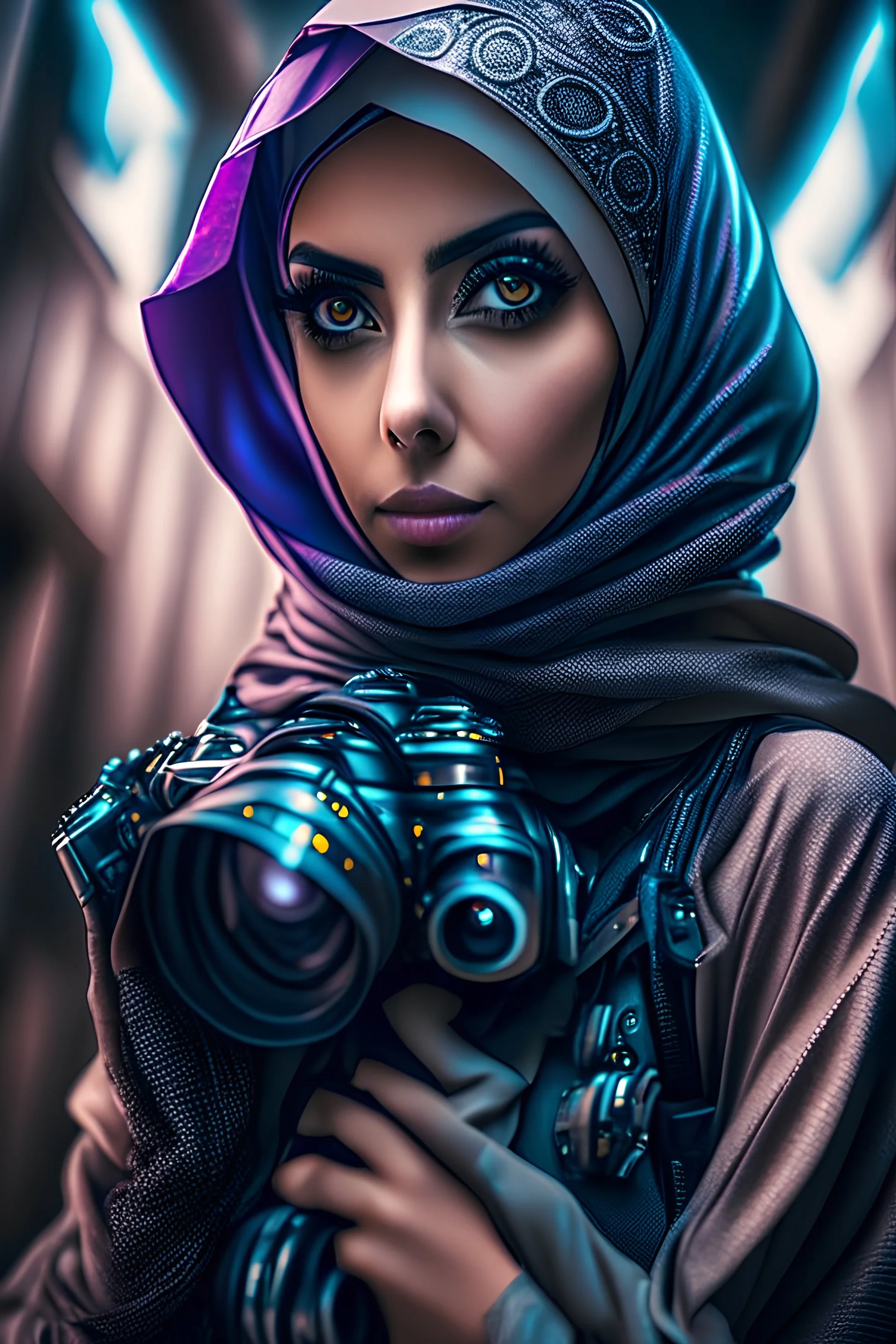 Ultra realistic photo beautiful cyberpunk fantasy woman hijaber, futuristic style, HOF, captured with professional DSLR camera, 64k, ultra detailed, fhoto full body angle Raw.