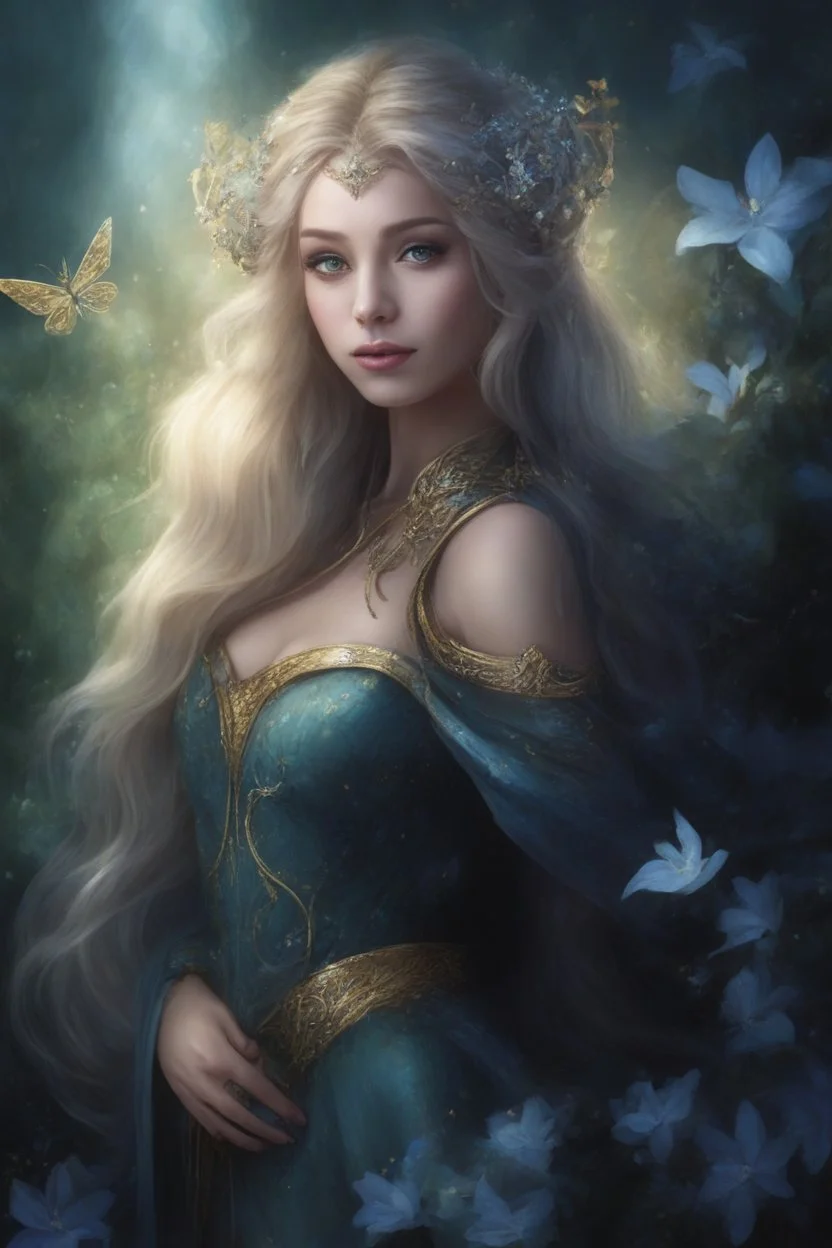 Dark blue hair,night,dark fairy princess ,elven crown,elven ears,sparkle,glitter,lillies of the valley,gold armor,dragonflies,rapunzel hair