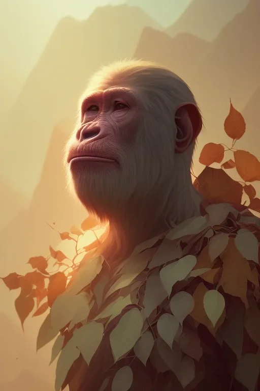 Ape portrait , detailed hands, at dawn by atey ghailan, golden light , white robe, holding leaves and flowers , angels background, volumetric light, high detail, red leaf tree, mountains in background, perfect