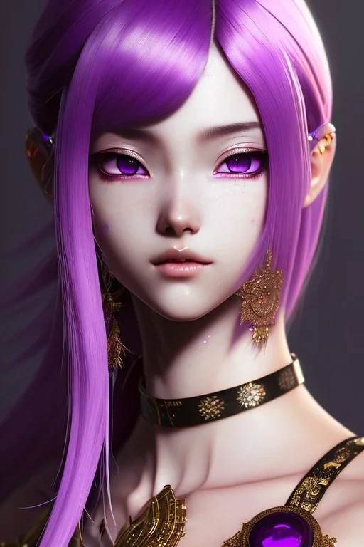 Detailed cute anime Kunoichi girl with demon tail, purple hair buns, purple bangs, black latex bodysuit, intricate details, full body portrait, keep head in frame, slight smile, black Japanese motif, concept art, highly detailed, digital painting, concept art, sharp focus, illustration, art by Yoji Shinkawa, WLOP and greg rutkowski and alphonse mucha and artgerm and yanjun Chen and Junji ito and Makoto Shinkai, HDR, octane render