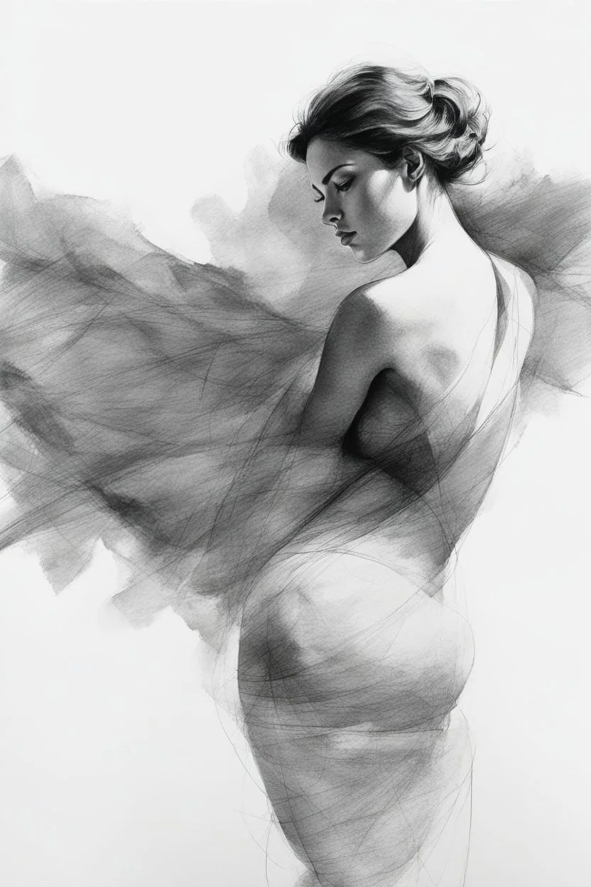 black and white expressive and abstract drawing of a full woman figure, contrast and detailed pencil trace texture, on drawing paper ar2:3 without shading