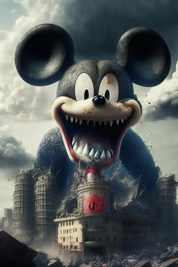 MICKEY MOUSE WITH ACCURATE EYES AS A HUGE GODZILLA DESTROYING BUILDINGS IN SOUTH AFFRICA, PHOTOREALISTIC 4K