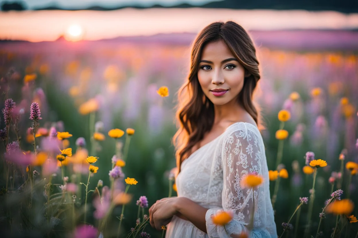 Young woman in flower field in the evening