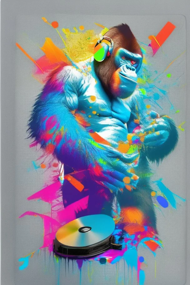 action shot of a Gorilla with headphone mixing two CDs with big Dj controller, Fractal art, tshirt vector, enclosed in a rectangle, vivid colours, sunshine, contour, white background