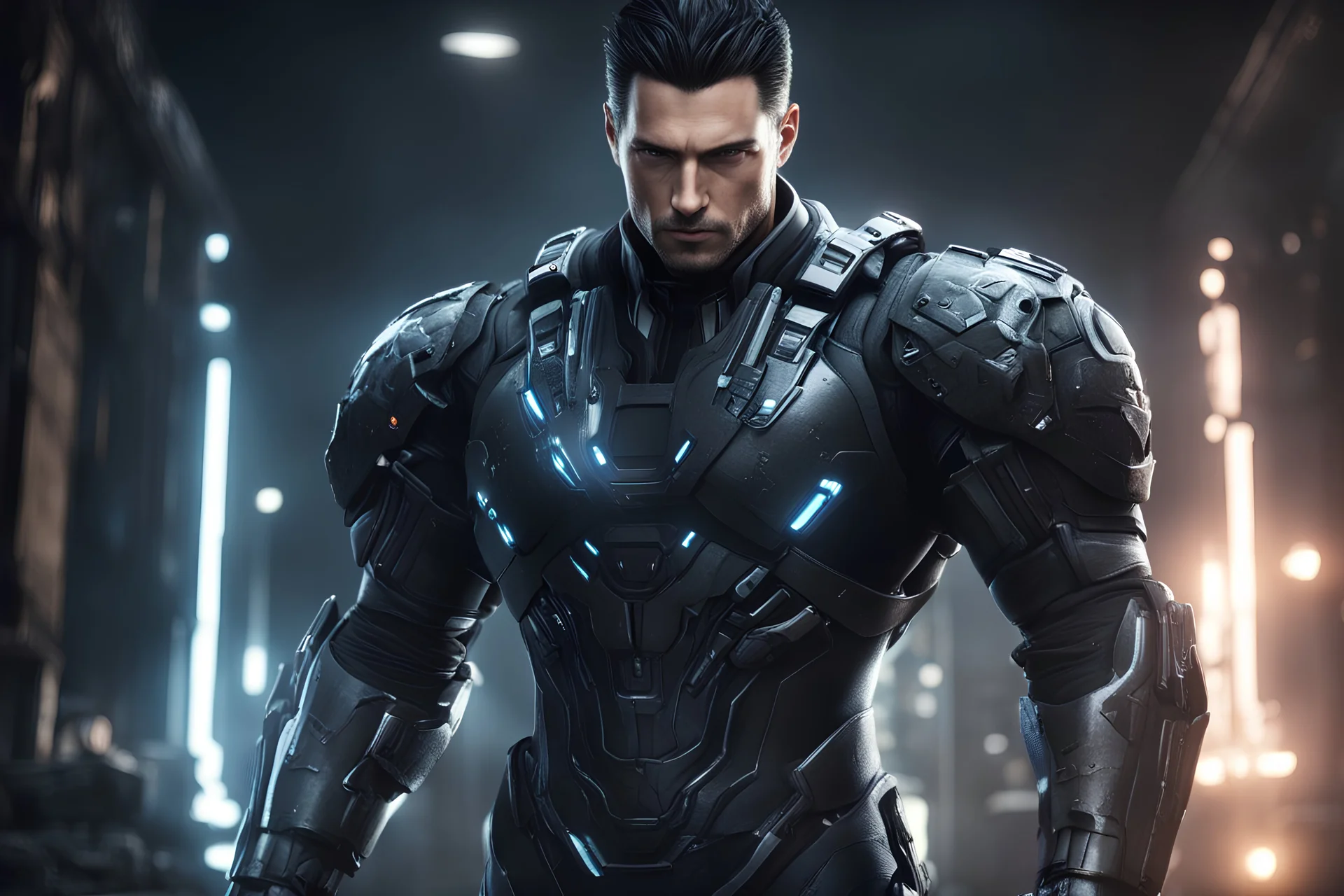 Gabriel Logan Syphon Filter in a mega cool Black iron super suit with on his arms and shoulders, hdr, (intricate details, hyperdetailed:1.16), piercing look, cinematic, intense, cinematic composition, cinematic lighting, color grading, focused, (dark background:1.1)