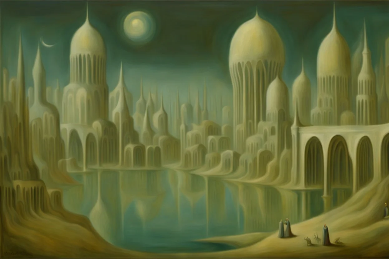 a surreal city with arches, domes and rivers by artist "Leonora Carrington",by artist "Agostino Arrivabene"