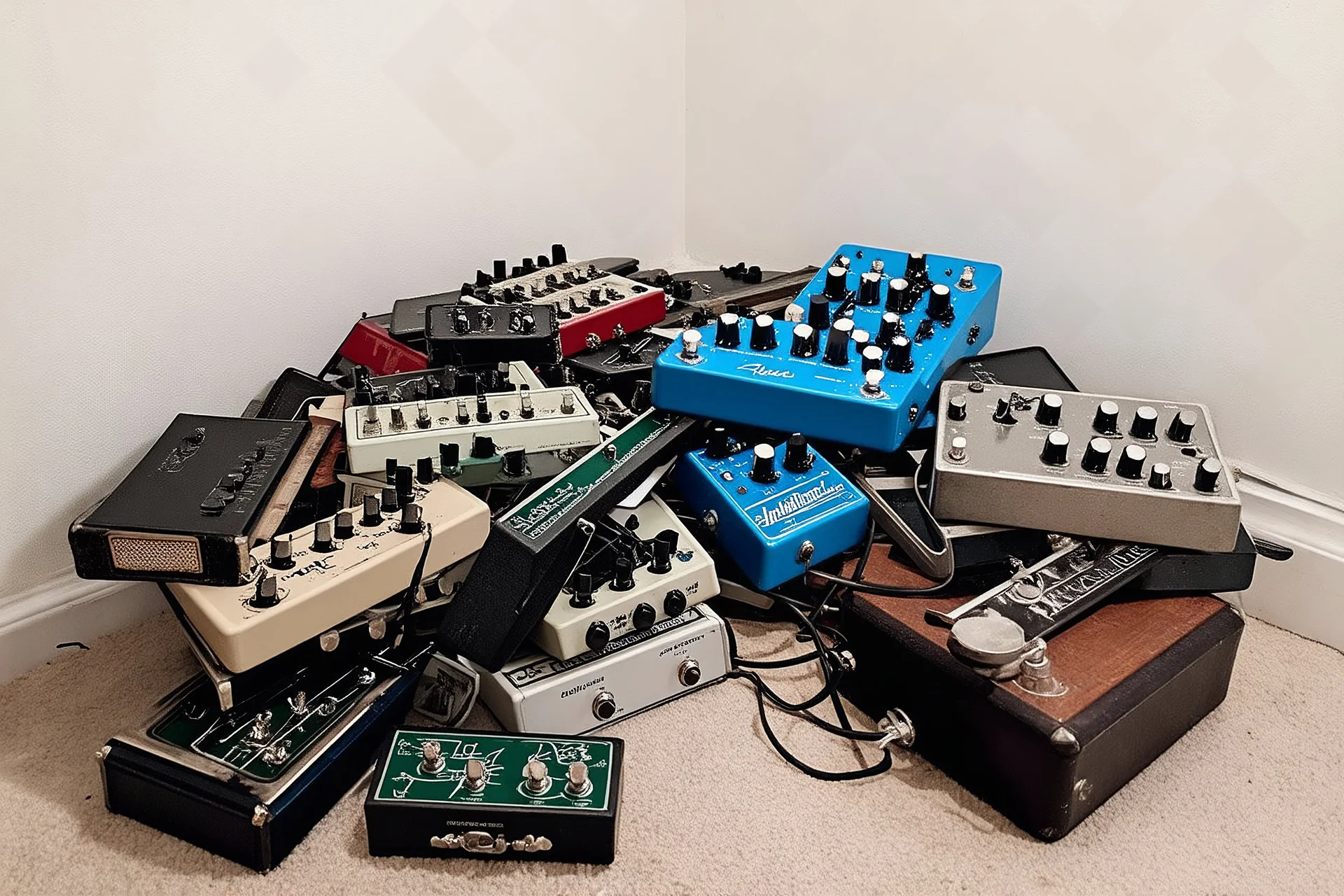 A pile of guitar effects in an empty white room