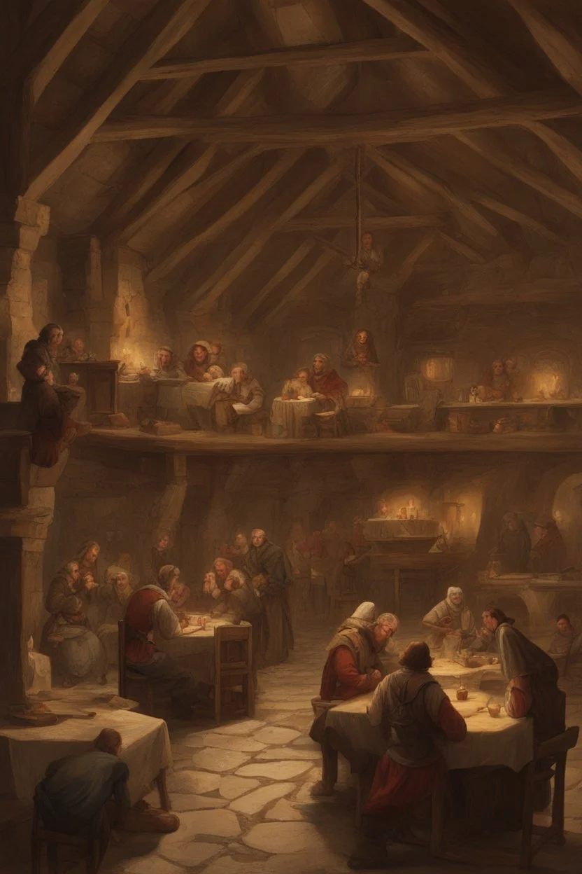 Lots of People sitting around tables in a medieval tavern with a stone floor, add people to the chairs