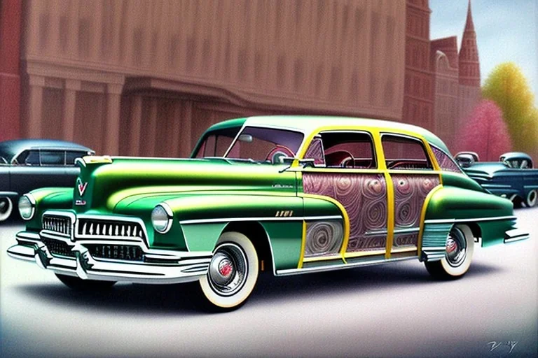 a true-to-life 1949 Pontiac Streamliner Six Sedan Delivery, centered, intricate, extreme detailed, photorealism, center view, city background, pivot on pontiac, pen and color marker painting by cheryl kelley