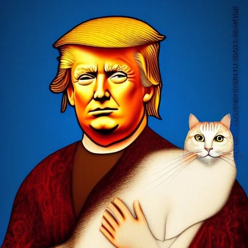 leonardo da vinci portrait of king donald trump,beautiful, curly orange hair, high definition, Colors white, blue and red. Black background. holding a white cat.