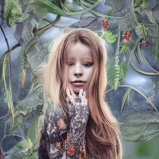 "perfect long-haired woman, full face tattoo of flower art and trees extending past face and morphing into reality, 8k resolution, high-quality, fine-detail, intricate, digital art, volumetric lighting