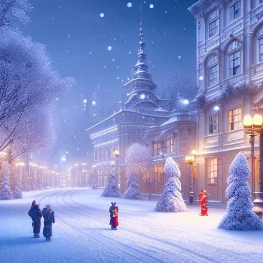 snowy city landscape in winter, building light on, beautiful, colorful, art by anime stedio, high details, high quality 8k