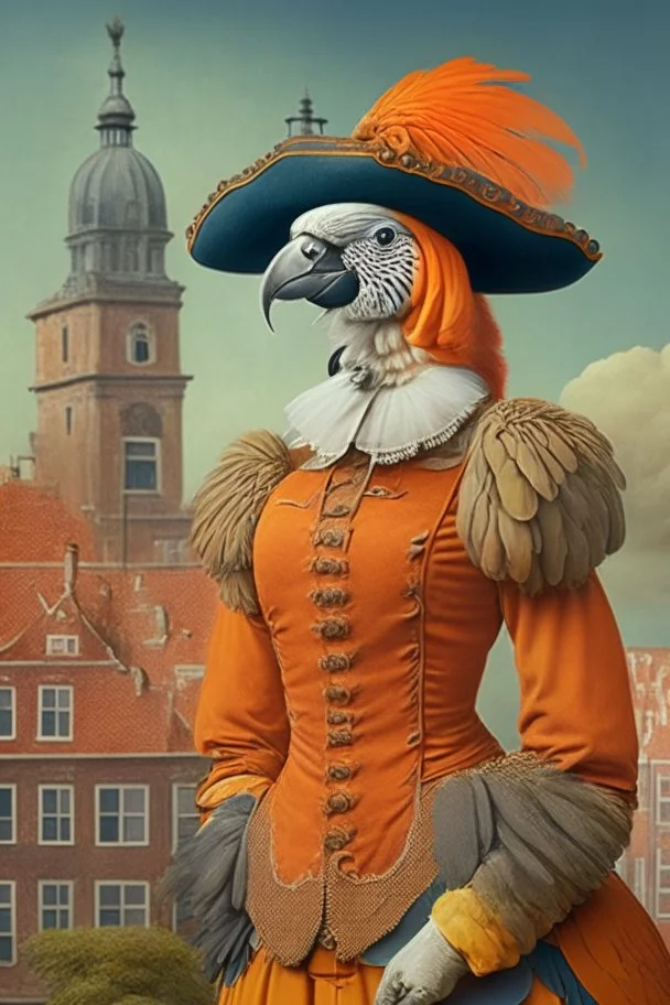 Female Half parrot half human in a 1700s Orange Dutch uniform next to a Dutch city