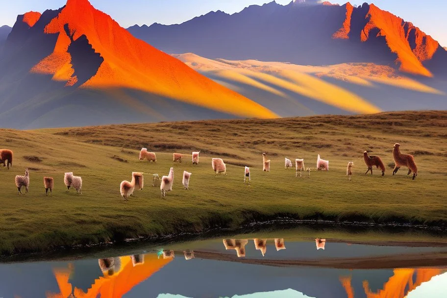 alpacas, peru, mountains, reflection, mist, sunrise