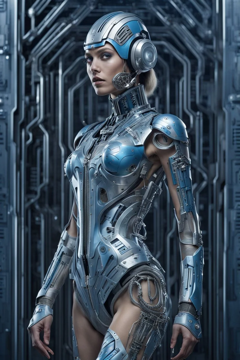 A biomechanical futuristic full body fashion model in a metal silver/blue armored dress, adorned with clear printed hieroglyphic symbols, microchip designe, futuristic headset, Fashion show background, energy, molecular, mecha, future fashion