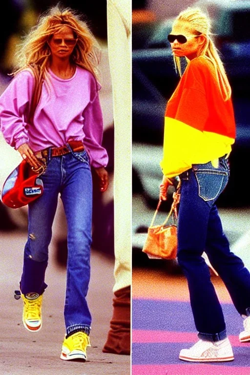 year 1996 denim fashion. Loose fit, low waist, baggy. Colors: denim blue, blue, purple, khaki, light green, lilac, plum, orange, terracotta, red, light yellow, lion yellow, pink, dark blue, beige. Women models. Jennifer Lopez, Kate Moss, Gwyneth Paltrow. Big tennis shoes on.