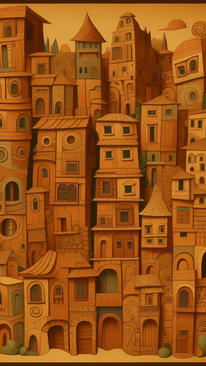 A brown city with blocky buildings designed in African masks painted by Paul Ranson