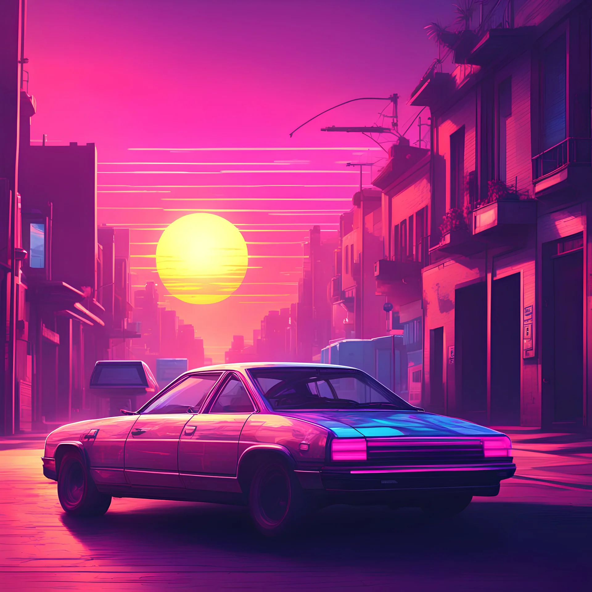 car time machine in a street, synthwave picture style with light pixel, the sunset on the horizon, with a big pixelated sun