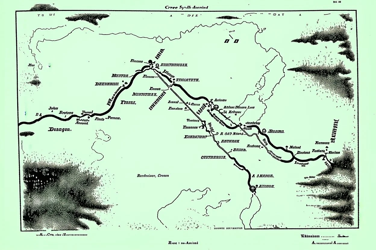a scan of an ancient Cree road map of a fictional place, printed black and white but has since been stained and weathered, use Cree Syllabic