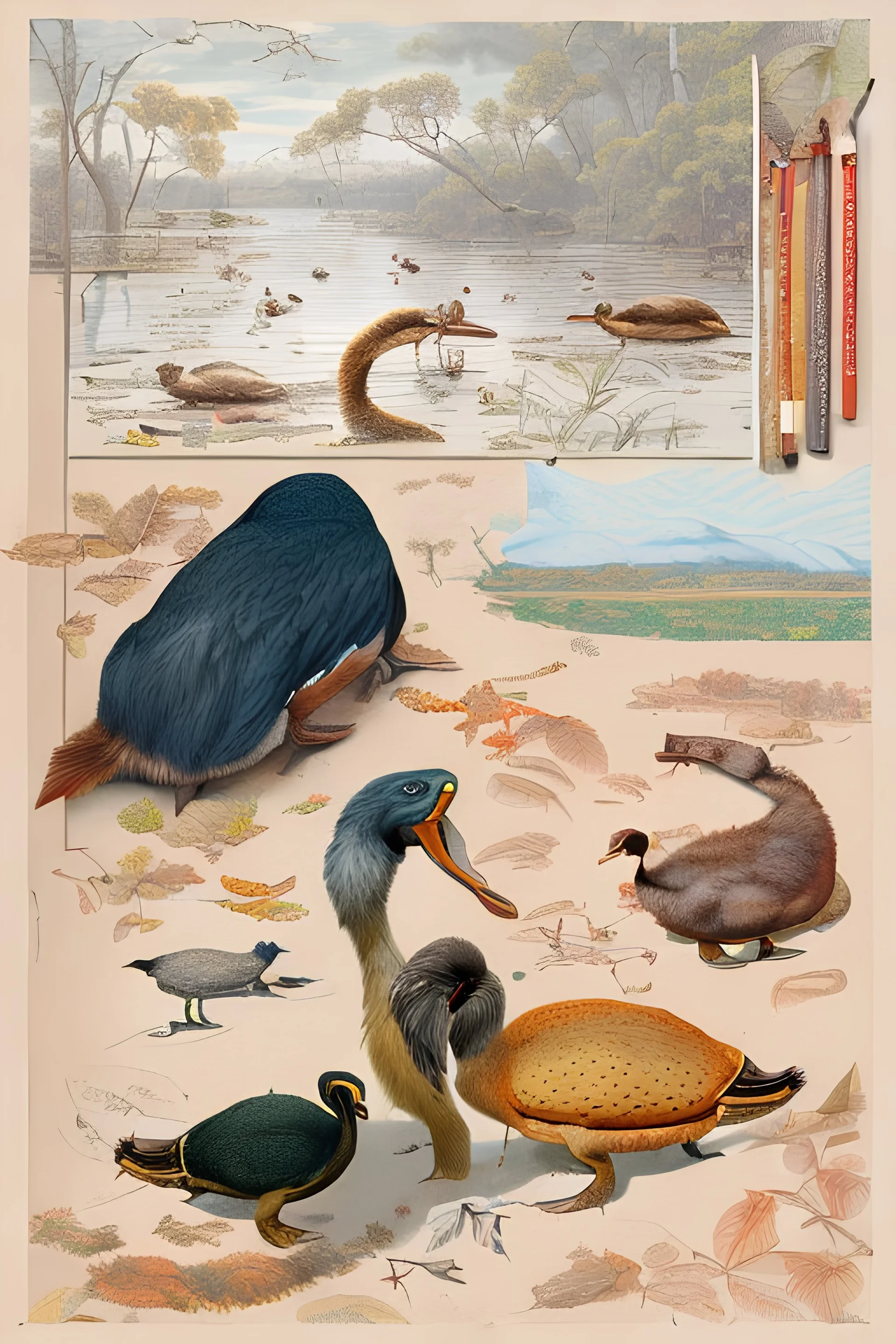 John James Audubon-like illustration of a fully uncropped Dodo bird and a Platypus in a landscape of warm yellows, warm reds, and warm blues