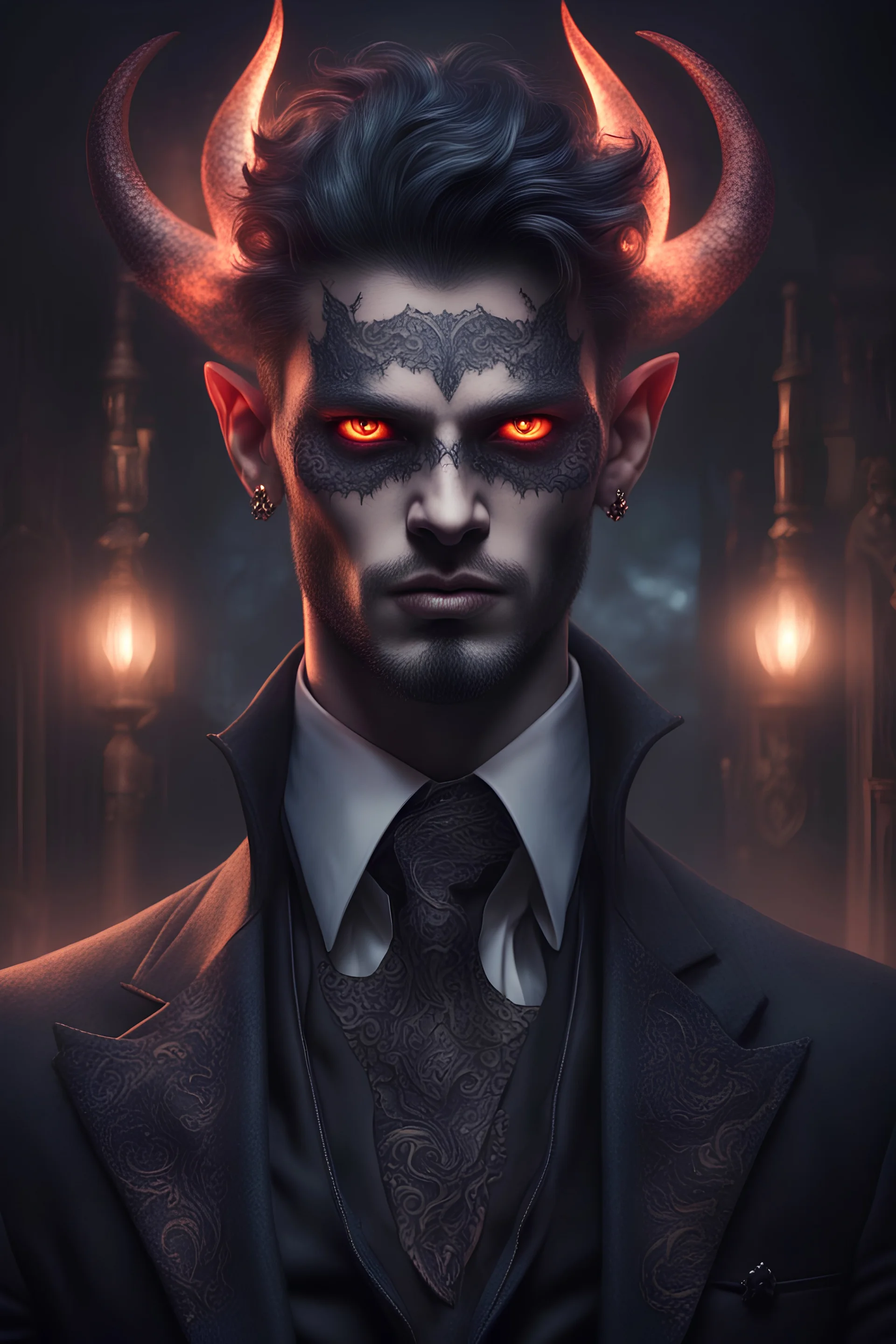 A well dressed masculine male demon,gothic aesthetic, glowing eyes, face tattoos