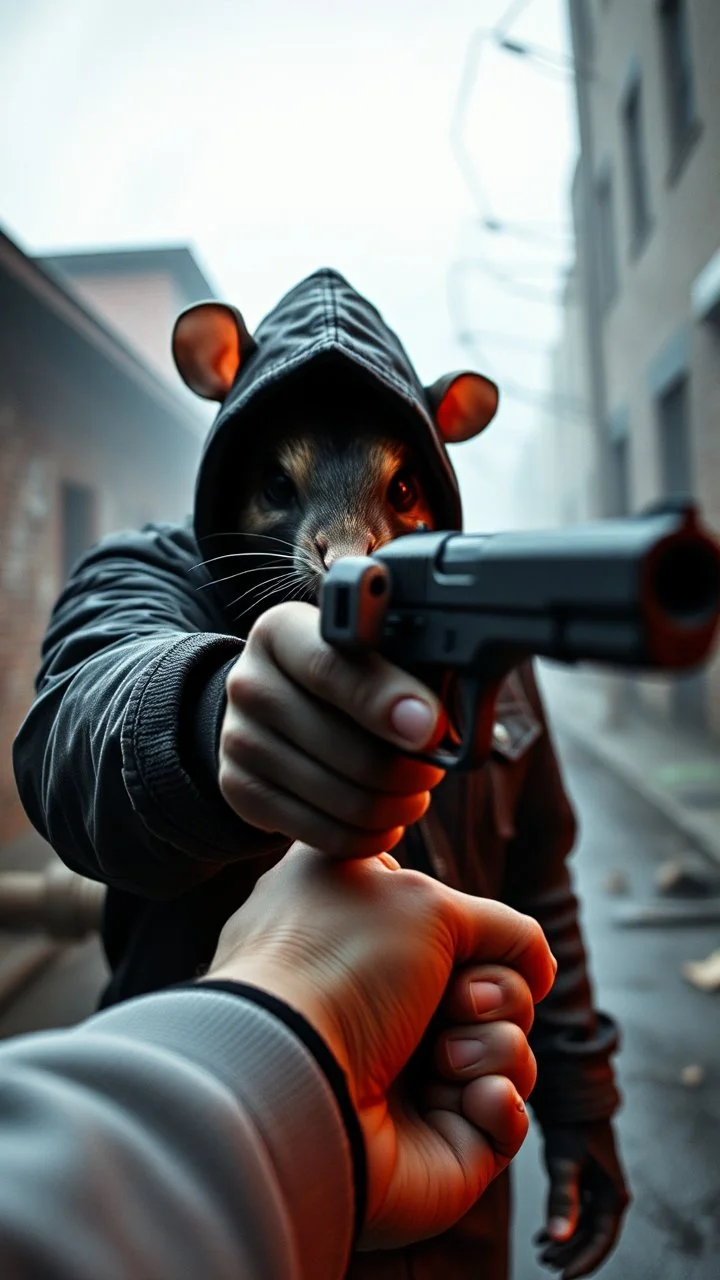 a hooded rat gangster holding a gun toward you , realistic , pro photography , high quality, and cinematic scene