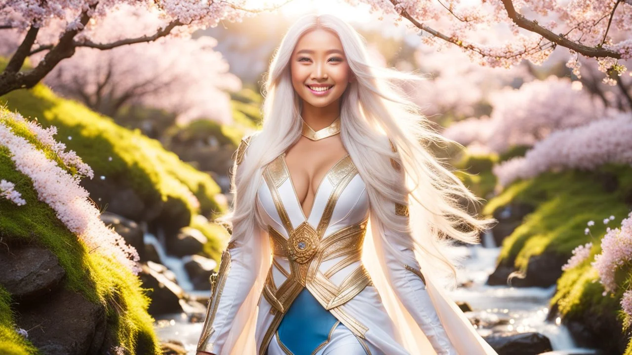 Portrait of a gorgeous smiling asian goddess with a golden dark skin, long smooth white hair, blue eyes, in a sci-fi outfit with luminous strikes in a hill of flowers with sakura trees, a small torrent, loads of mini flowers, moss, sun rays through the branches, particles in the air at spring