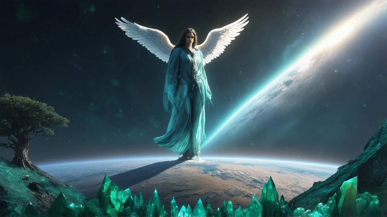 matrix universe, space, planets, god creation, angels from other dimensions with beautiful wings, trees on the planet, behind green crystals of light, few tiberium monolith deposits on the planet near tree,